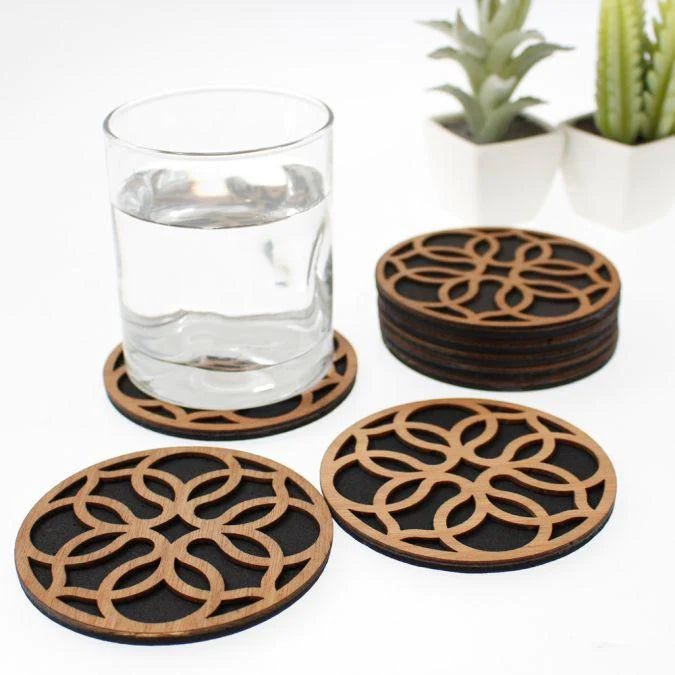 Elegant Laser-Cut Wooden Coaster Set of 6 for Tea, Coffee & Home Décor