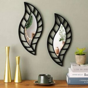 Artistic Acrylic Mirror Leaf Wall Art Black & Silver MDF Wood Decor | 2-Piece Modern Home Decoration Set