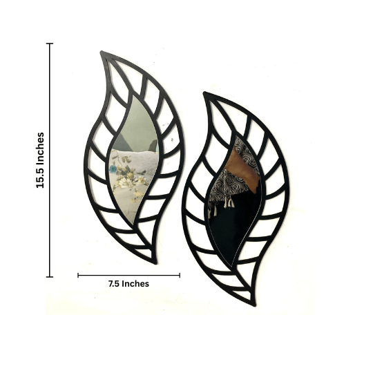 Artistic Acrylic Mirror Leaf Wall Art Black & Silver MDF Wood Decor | 2-Piece Modern Home Decoration Set - Image 2